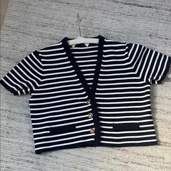 Massimo Dutti Striped Navy and White Short Sleeve Cardigan, Size Small - Picture 2 of 10
